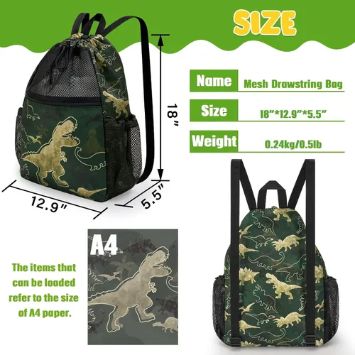 Vista 4 de WAWSAM Mochila con cordón para niños - Bolsa de malla con cordón para niños, Dinosaurio verde oscuro, Dinosaurio
