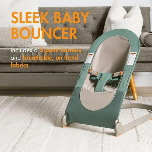 Vista 2 de Boon Bouncer portátil inclinado para bebés, asiento plegable para bebés, silla de bebé portátil ligera con tela lavable a máquina y arnés de 3 Verde