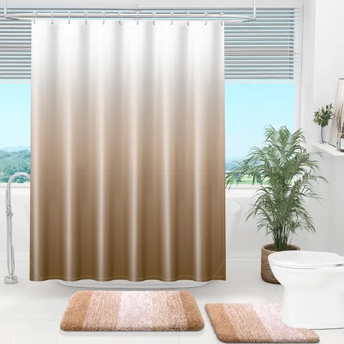 Vista 2 de OLANLY Juego de cortinas de ducha de lujo beige y blanco degradado con 12 ganchos, cortinas de ducha decorativas impermeables y lavables para baño