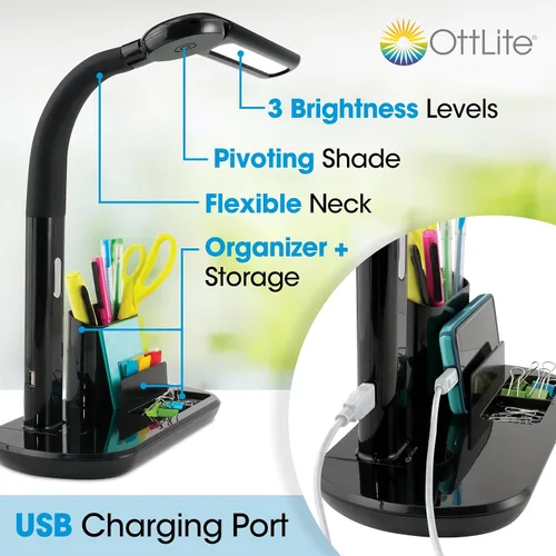 Vista 2 de OttLite Lámpara LED giratoria de banqueros con puerto de carga USB LED de luz natural 3 ajustes de brillo Cuello flexible de 12.4 a 21