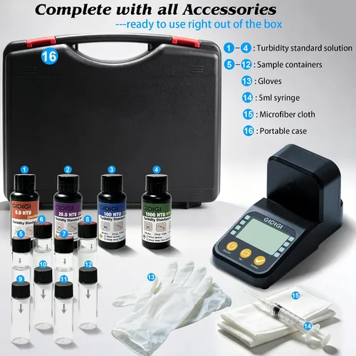 Vista 2 de Portable Lab Turbidity Meter 0-1000NTU with Standard Solution Kits Handheld Turbidimeter, ISO 7027 Compliant Water Quality Meter for Drinking