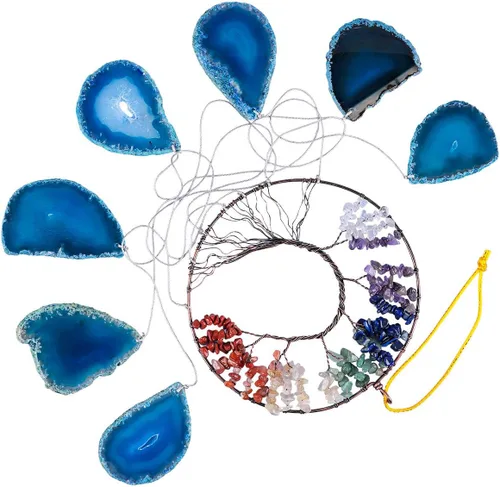 Vista 4 de TUMBEELLUWA Cristales curativos 7 chakras árbol de la vida colgador de pared en rodajas de ágata, adorno colgante de piedras preciosas para ventana