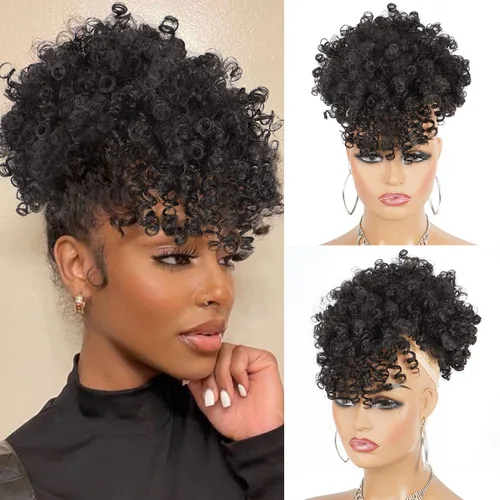 Vista 12 de Cola de caballo con cordón para mujeres negras Afro Puff Cola de caballo con cordón con flequillo Cola de caballo corta crespa y rizada Moño cola