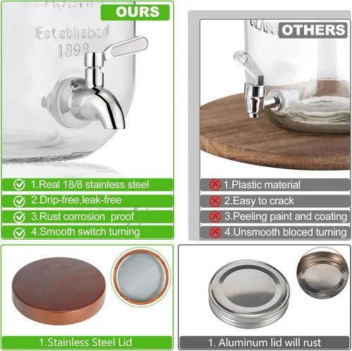 Vista 3 de Dispensador de 1 galón para bebidas en fiestas, dispensador de bebidas de vidrio con soporte, dispensador de agua con espiga de acero inoxidable