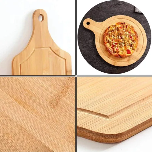 Vista 8 de Juego de tablas de cortar de bambú, 3 piezas, tablas de cortar carne, pala de pizza con mango para hornear pizza casera pan, pastel, frutas