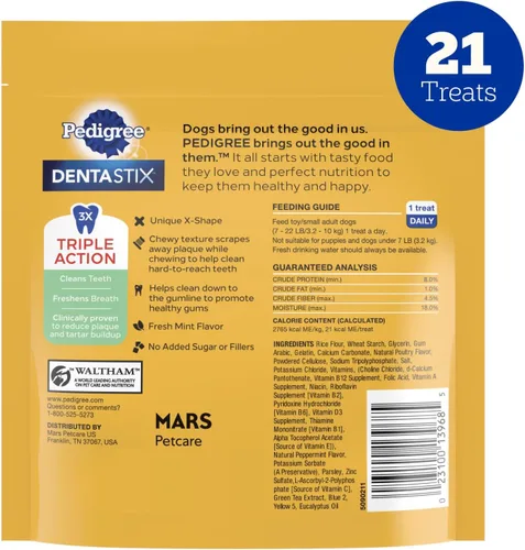 Vista 29 de Pedigree Dentastix Golosinas dentales para perros pequeños de doble sabor, tocino y pollo, bolsa de 5.08 onzas (24 golosinas)