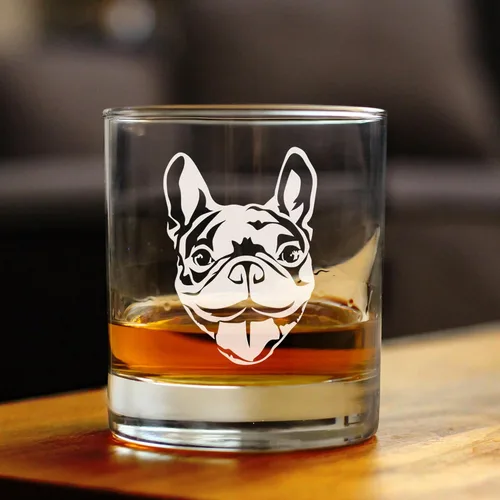 Vista 4 de Happy Frenchie - Vaso de whisky Rocks - Regalos únicos con temática de bulldog francés o decoración de fiesta para mujeres y hombres - 10.25 onzas