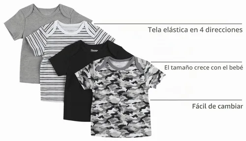 Vista 3 de Hanes Camiseta para bebé, Flexy de suave estiramiento, hombros expandibles, paquete de 4 Conjunto de camuflaje de rayas negras
