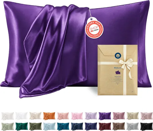 Vista 36 de Bedsure Paquete de 2 fundas de almohada de satén similares a las fundas de almohada de seda tamaño estándar, funda de almohada para mujeres que