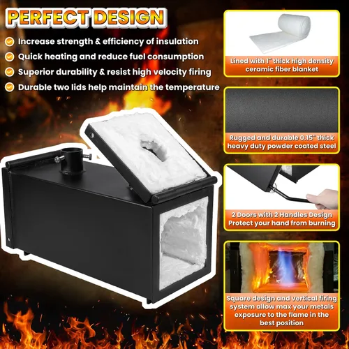 Vista 5 de Horno de forja de gas propano portátil, doble quemador de 2700 °F/2,699.6 °F Horno de forja cuadrado de gran capacidad para herrería Farrier