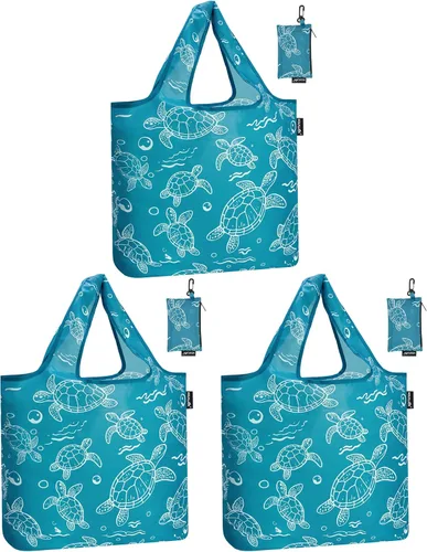 Vista 11 de HOLYLUCK Bolsas de comestibles reutilizables, bolsa de compras plegable resistente (estándar, 3 huellas de patas de perro azules)