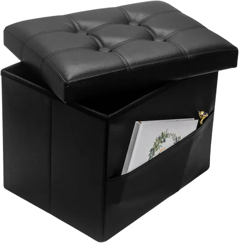 Vista 21 de Bsketa Otomana de Almacenamiento, Taburete Plegable con Asiento Acolchado de Espuma Más Gruesa, Otomana Pequeña de Cuero para Almacenamiento, Banco