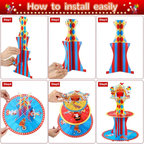 Vista 4 de Zopeal Soporte de 3 niveles para cupcakes con temática de circo para decoraciones de fiesta de cumpleaños, carnaval, mesa de postre, soporte