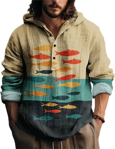 Vista 17 de MARSVOVO Camisa con capucha para hombre, vintage, retro, de 3 botones, manga larga, ligera, ligera, a la moda, casual, para uso diario, primavera