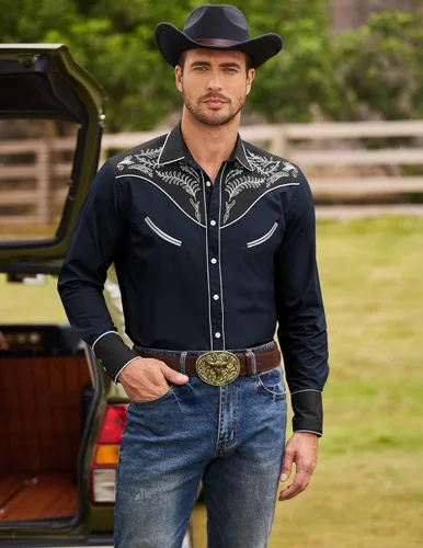 Vista 3 de COOFANDYMen'sWesternCowboyEmbroideredLongSleeveButtonDownShirts