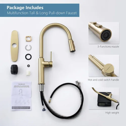 Vista 9 de Grifos para fregadero de cocina, oro cepillado, grifo de cocina de arco alto con rociador extraíble, grifos de cocina altos de latón macizo de 19