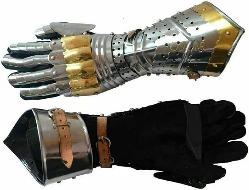 Vista 6 de Guanteletes Artiulados Medievales con Acentos de Latón Guanteletes funcionales de acero templario medieval para combate, recreación