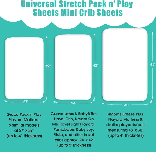 Vista 4 de Pack n Play Sheets BROLEX - Juego de 2 sábanas para cuna, juego de sábanas elásticas y portátiles para cuna, funda de colchón convertible