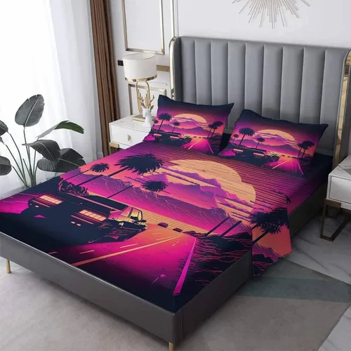 Vista 11 de Vaporwave Sheets - Juego de sábanas de tamaño individual, sábanas de cama de montaña neón y puesta de sol, microfibra suave con bolsillo profundo