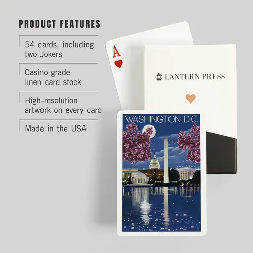 Vista 3 de Lantern Press Washington, DC, escena nocturna (52 cartas de juego, baraja de cartas de tamaño póquer con comodines)
