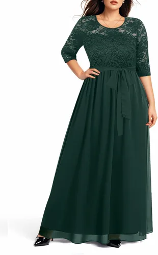 Vista 6 de Vestido formal largo de encaje de manga 34 con espalda en V para mujer