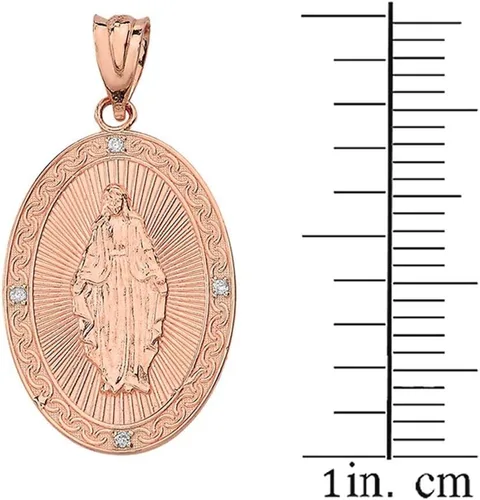 Vista 3 de Religious Jewelry by FDJ Collar de diamantes con medalla ovalada milagrosa de oro rosa de 10 k (1 pulgada)