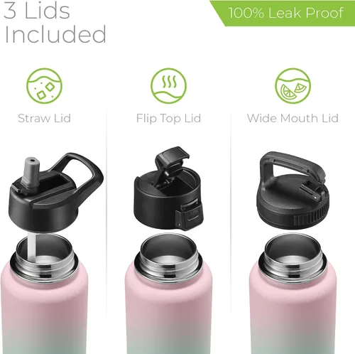 Vista 147 de SIPX™ Botella de Agua Aislada de 18 oz con 3 Tapas – Acero Inoxidable a Prueba de Fugas, Triple Aislamiento – Frío 24 Horas/Caliente 12 Horas – Negro
