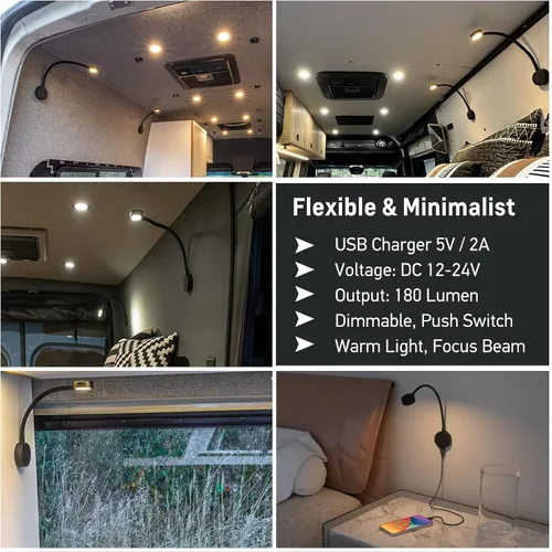 Vista 3 de acegoo Luz de Lectura LED de 12 V, lámpara de lectura de cabecera de barco RV, luz de cama de cuello flexible de 12 voltios para cámper van