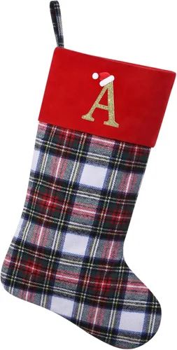 Vista 12 de Calcetines de Navidad personalizados con monograma inicial, adornos colgantes, medias clásicas de cuadros negros de 19 pulgadas, decoraciones