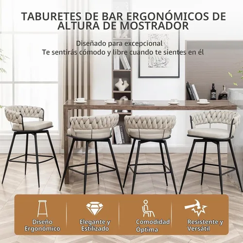 Vista 5 de Canxkun Juego de 2 taburetes de bar de altura de mostrador, sillas de bar modernas de 26 pulgadas con respaldo tejido, taburetes de bar giratorios