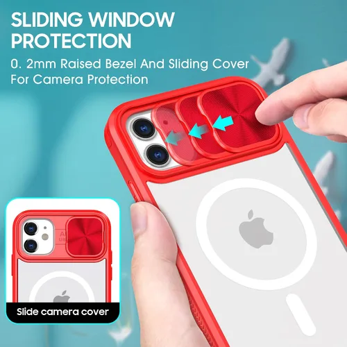 Vista 3 de Funda para iPhone 11 Pro Max compatible con Magsafe con cubierta de cámara deslizante, grado militar, resistente a los golpes, resistente, Rojo