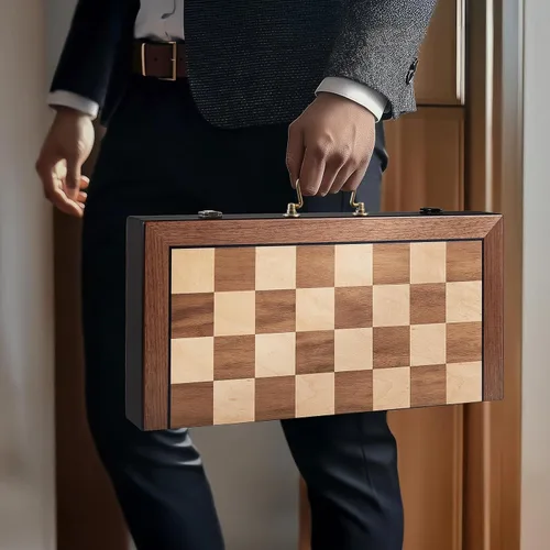 Vista 6 de Juego de ajedrez de lujo de 16.5 pulgadas, tablero de ajedrez plegable grande de madera con asa, piezas de ajedrez acrílicas con peso - Rey de 3.5