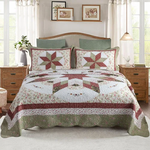 Vista 7 de YAYIDAY Juego de colcha de retazos tamaño Queen, 100% algodón, reversible, transpirable, rojo, multicolor, acolchado con fundas de almohada