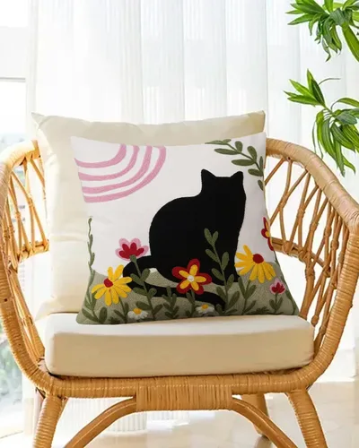 Vista 8 de JASEN Funda de almohada bordada de gato de 18 x 18 pulgadas, funda de almohada decorativa de algodón para sofá, dormitorio, sala de estar, casa