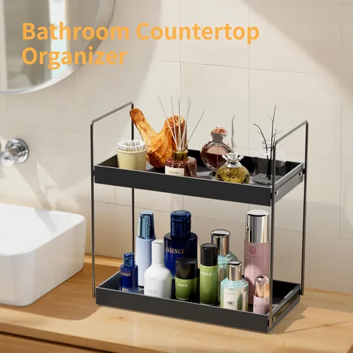 Vista 4 de NPPLUS Organizador de encimera de baño, estante de metal de 2 niveles para el cuidado de la piel, negro mate, 13.6 pulgadas de largo x 6.9 pulgadas