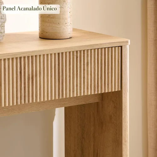Vista 6 de OKD Mesa consola acanalada de 63" para entrada, mesa de entrada moderna con 2 cajones grandes, mesa de sofá larga detrás del sofá para sala de Roble