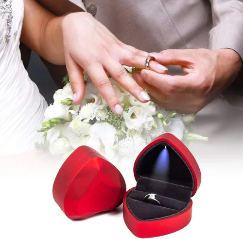 Vista 7 de iSuperb Caja de anillo en forma de corazón, cajas de anillo de compromiso con luz LED, caja de regalo para propuesta, boda, día de San Valentín