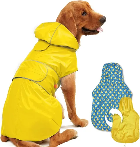 Vista 8 de Kimee - Impermeable reversible para perro, poncho protector de lluvia con capucha, chamarra impermeable ajustable con agujero para correa/tira