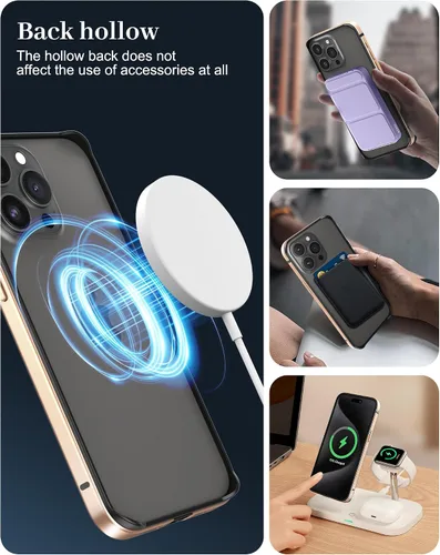 Vista 4 de Funda delgada de metal para iPhone 15 Pro Max de 6.7 pulgadas, interior de TPU suave + parachoques chapado en metal, compatible con carga