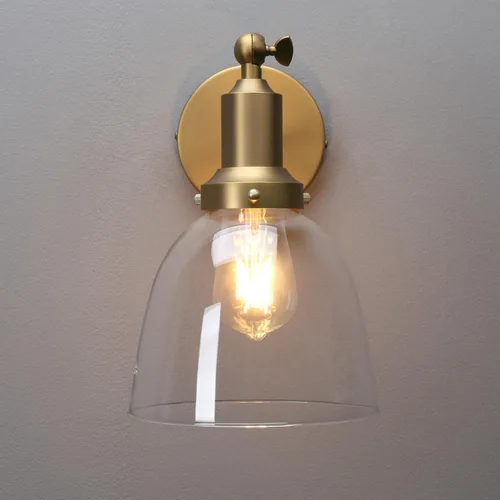 Vista 10 de PERMO Industrial Vintage Slope Pole Wall Mount Single Sconce with 6.7" Oval Dome Clear Glass Shade Antique Gold Wall Sconce Light Fixture