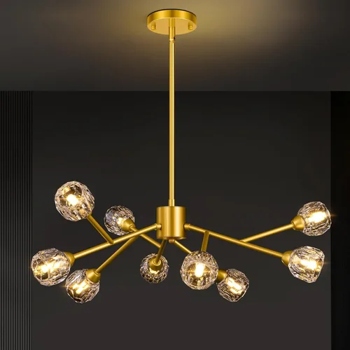 Vista 8 de 9-Light Sputnik Chandeliers, Gold Dining Room Light Fixture Over Table, Modern Crystal Chandelier, Brass Farmhouse Ceiling Light Fixture Hanging for