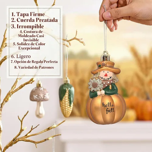 Vista 6 de Valery Madelyn 55ct Fall Ornaments Shatterproof Tree Decorations for Home Orange Green Scarecrow Pumpkin Ball Ornaments Farmhouse Hanging Decor for