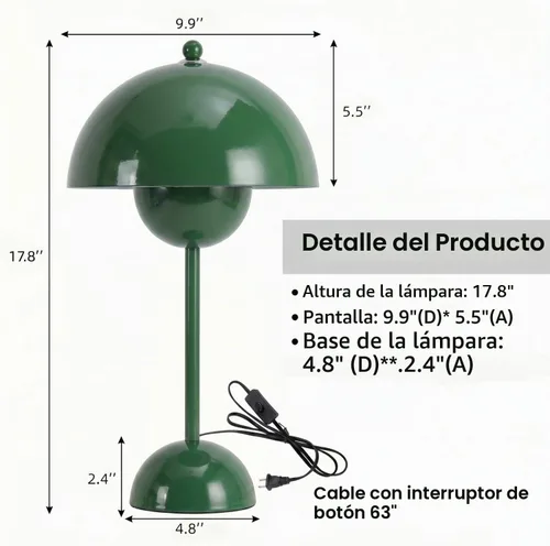 Vista 8 de Lámpara de mesa moderna Mid-Century Bud para dormitorio, con certificación Verde cazador