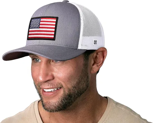 Vista 3 de HAKA Sombrero de la bandera estadounidense, sombrero de camionero de Estados Unidos para hombres y mujeres, gorra de béisbol ajustable, malla a