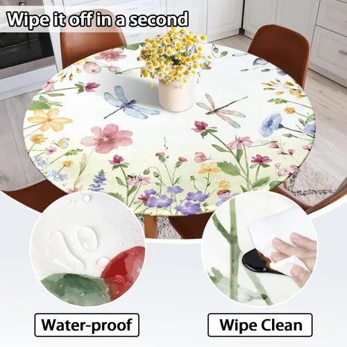 Vista 6 de Mantel redondo ajustable floral de primavera y verano con mantel elástico impermeable para exteriores, cubierta de mesa lavable para interiores