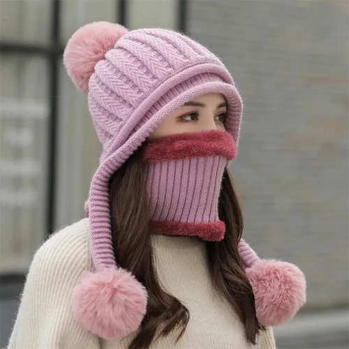 Vista 2 de Gorro de invierno para mujer, diseño de bufanda redonda peruana, gorro de oreja, gorro de esquí, forro polar doble con 3 gorras de pompones