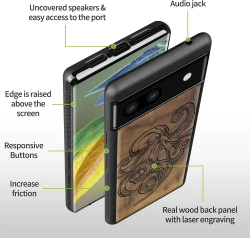 Vista 9 de Carveit Funda de madera para Pixel 6a [madera natural y TPU suave negro] a prueba de golpes, funda de madera única compatible con Google Pixel 6a