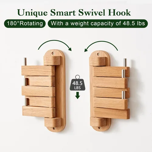 Vista 2 de Perchero giratorio para pared, ganchos de pared de madera de roble con 5 brazos plegables giratorios, estante de entrada para dormitorio, entrada