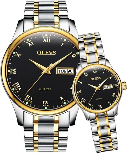 Vista 9 de OLEVS Juego de 2 relojes de cuarzo para parejas de San Valentín, calendario luminoso, ventana de fecha, 3 ATM, impermeable, casual, acero