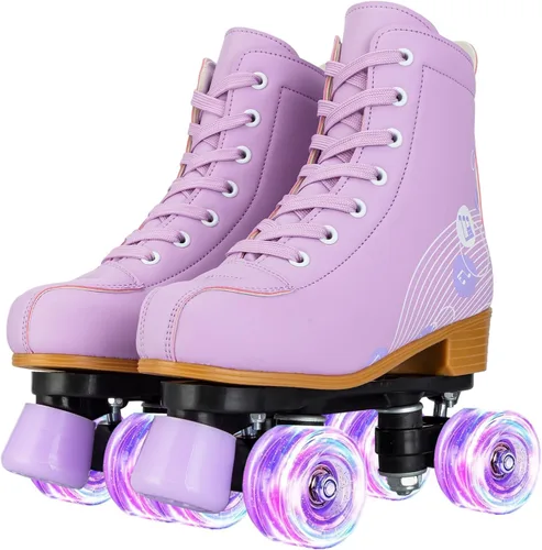 Vista 9 de Patines de ruedas para niñas y mujeres, patines de piel sintética acogedores en color rosa y púrpura con luces, patines para interiores y exteriores